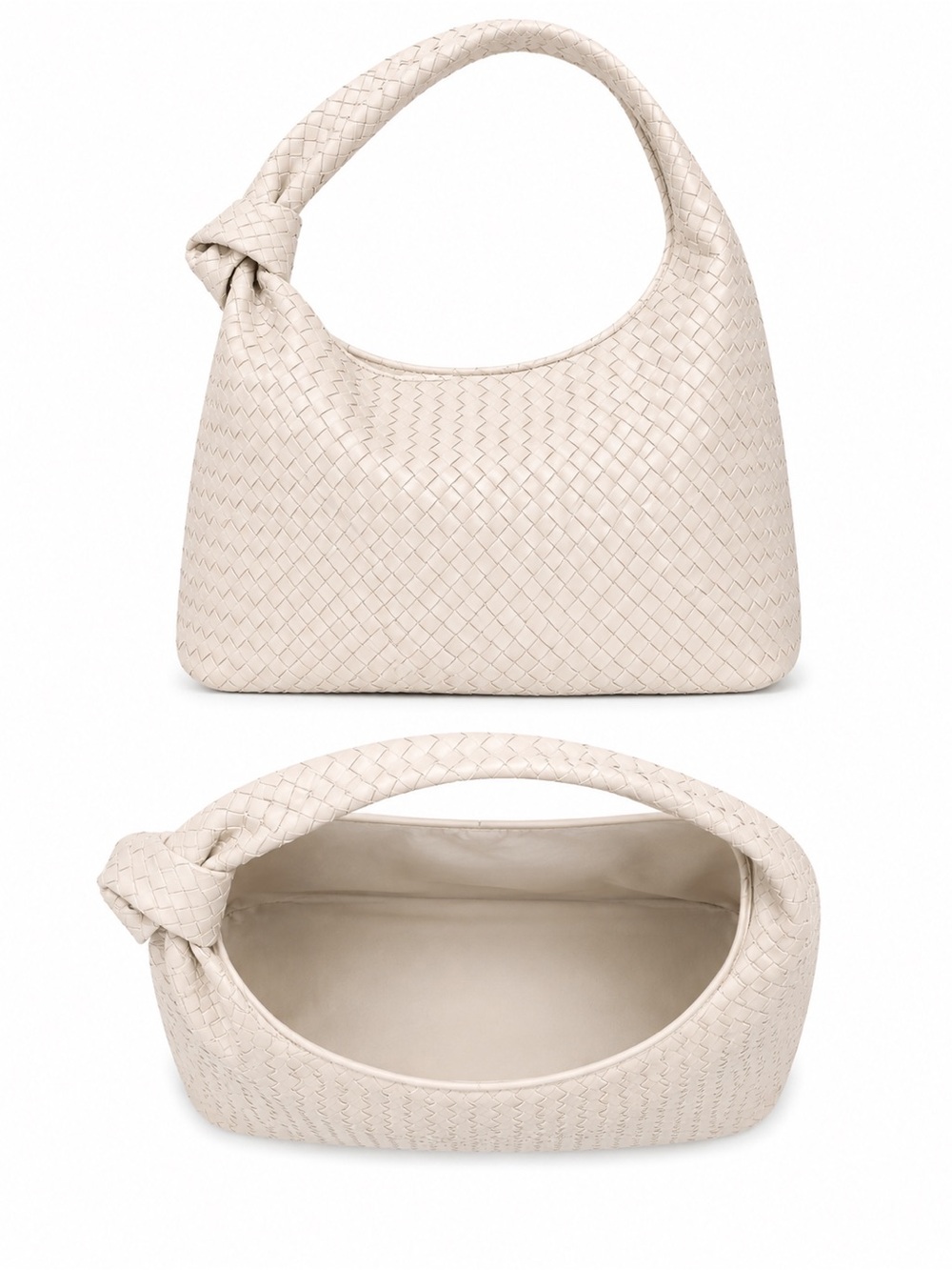 Woven Knot-Handle Shoulder Bag in Light Beige